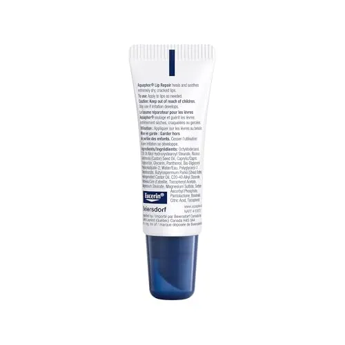 Aquaphor Lip Repair Lip Ointment for Extremely Dry, Chapped and Cracked Lips, Formulated with Panthenol and Vitamins C and E, Fragrance Free, Non Comedogenic Lip Balm, 10mL